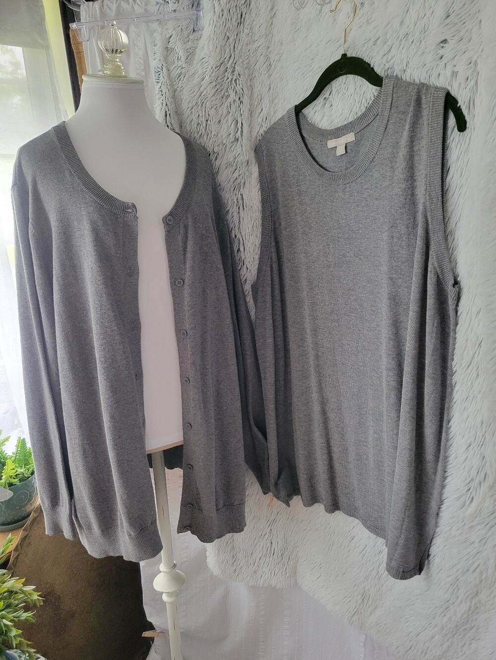 Woman Within Heather Gray Knit Cardigan & Crew Pullover Set